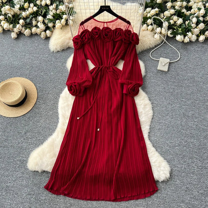 2025 New Fashion Heavy Industry Three Dimensional Flower Perspective Mesh Splicing Long Sleeve Waist Folding Dress for Women