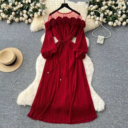 2025 New Fashion Heavy Industry Three Dimensional Flower Perspective Mesh Splicing Long Sleeve Waist Folding Dress for Women