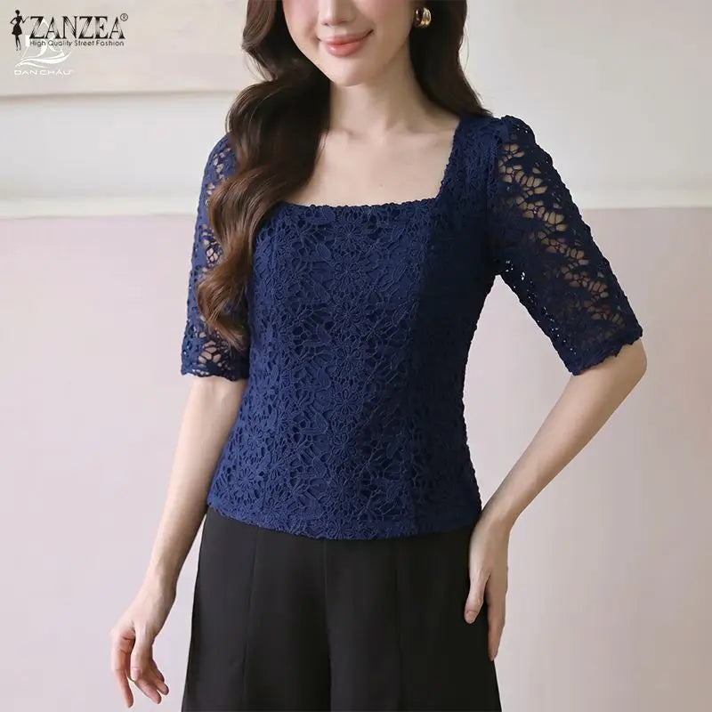 ZANZEA Women Classy Elegant Lace Patchwork Blouses Square Neck Half Sleeve Side Zipper Fitted Short Tops Summer Blusas de Mujer