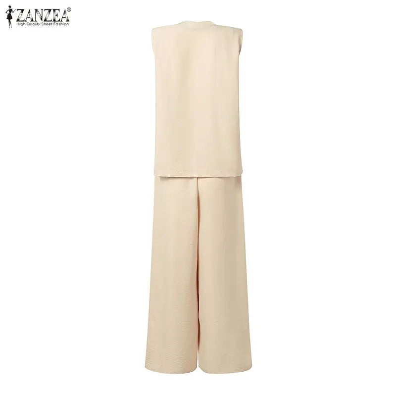 ZANZEA Fashion Women 2 Pieces Sets V Neck Buttons -Up Tanks Tops Trousers Suit Summer 2PCS Outfits Elegant OL Work Pant Sets