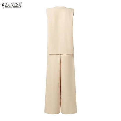 ZANZEA Fashion Women 2 Pieces Sets V Neck Buttons -Up Tanks Tops Trousers Suit Summer 2PCS Outfits Elegant OL Work Pant Sets