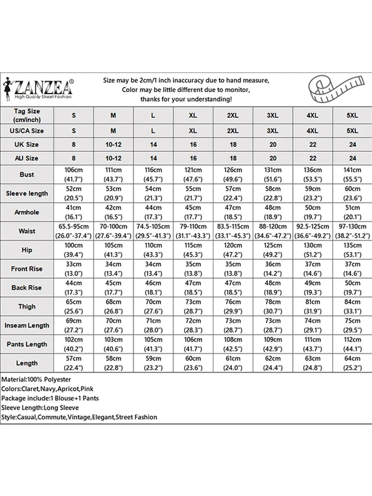 ZANZEA Autumn 2PCS Outfits Fashion Women Two Pieces Sets O Neck Long Sleeve Blouse Pant Sets Casual Solid Loose Work Tracksuits