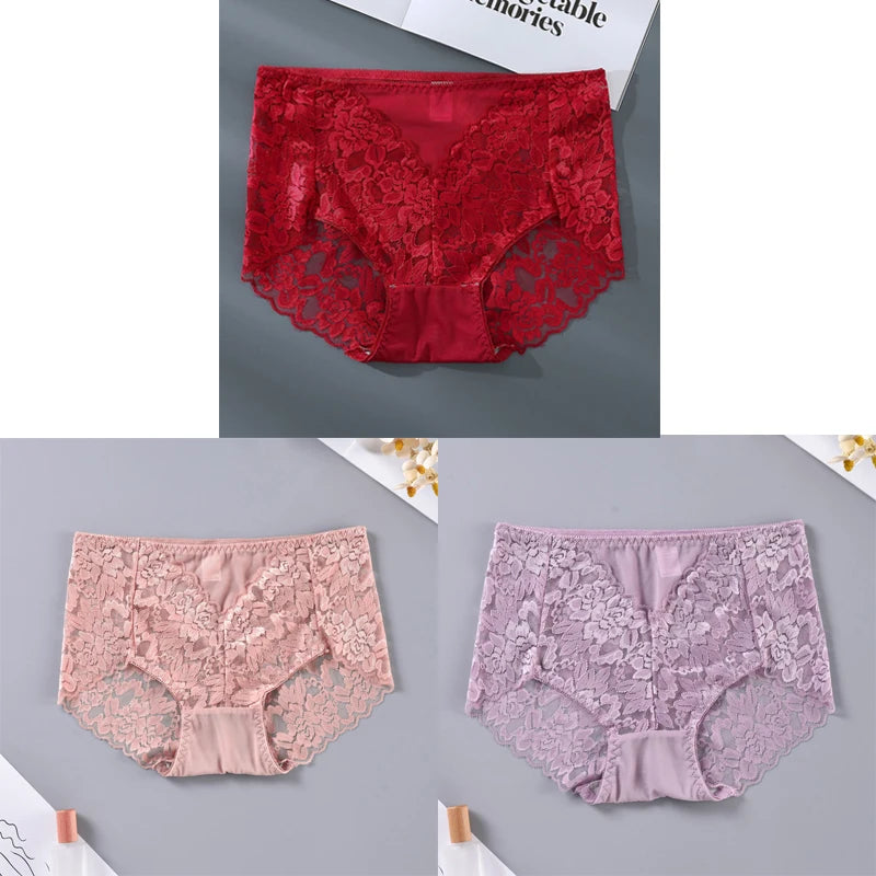 Women's High Waist Lace Shorts, Sexy Breathable Super Stretchy Underwear, Solid Color Fashion Women's Clothing, 3 Pieces