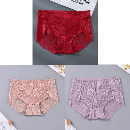 Women's High Waist Lace Shorts, Sexy Breathable Super Stretchy Underwear, Solid Color Fashion Women's Clothing, 3 Pieces