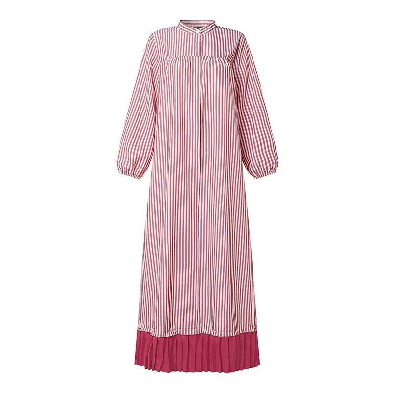 ZANZEA Modest Stripe Patchwork Muslim Abaya Dress Hijab Robe Femme Fashion Women Long Sleeve Pleated Sundress Casual Kaftan 2026