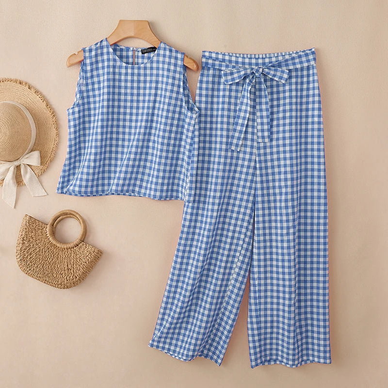 ZANZEA Women Summer Gingham 2 Piece Pant Sets Casual O-Neck Tank Top & Belted Pant Suits Everyday Wear Commute 2pcs Sets Outfits