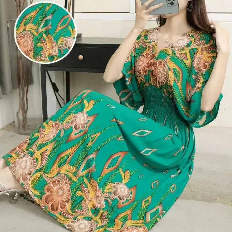 Casual Elegant Retro Bohemian National Style V-neck Elastic  Waist Large Swing Printed Summer Long Skirt Woman Dress Clothes