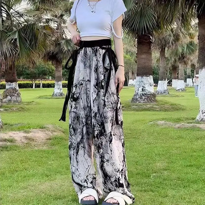 Ink Painting Printed High Waisted Wide Leg Pants for Women Summer Thin Chiffon Streamers Loose Casual Floor Mopping Pants