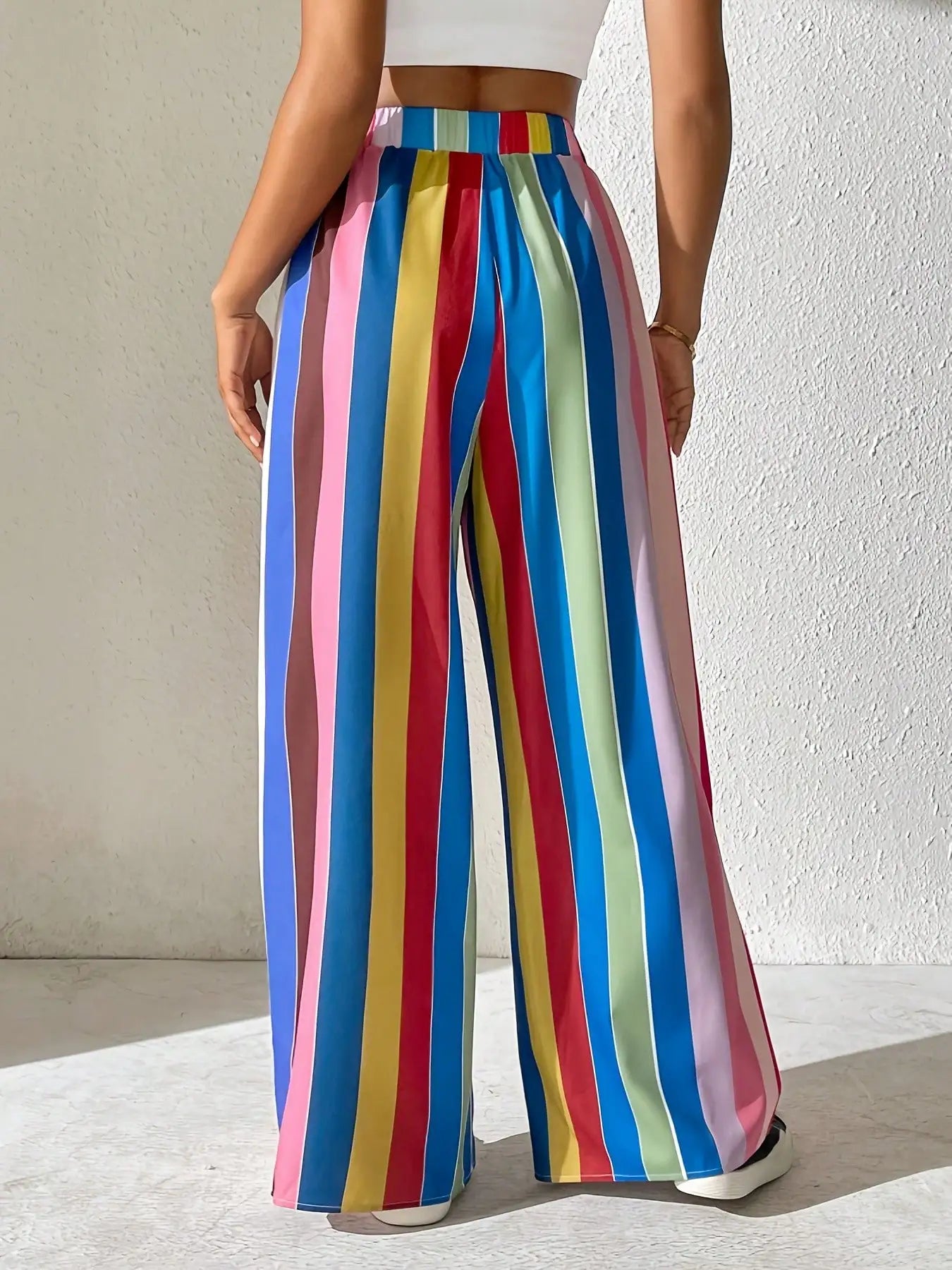 Popular Casual Women's Wear, Plus Size Elastic Waist Color Striped Pants, Loose and Comfortable Wide-Leg Pants, Long Style
