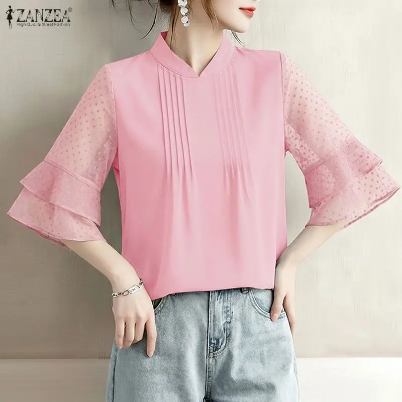 ZANZEA Woman Casual Blouses Pintuck Stand Collar Swiss Dots Patchwork 3/4 Sleeve Tops 2026 Summer Elegant Chic Blusas de Mujer