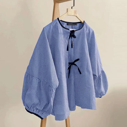 ZANZEA Women Plaid Printed Blouse Fashion Lace Up Shirts Holiday Sweety O-neck Long Sleeve Tops Casual Autumn 2024 Bowtie Tunics