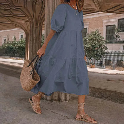 Summer New Solid Color Short Sleeved Loose For Women's Dresses Fashion Casual Patchwork Retro Beach Holiday Maxi Female Sundress