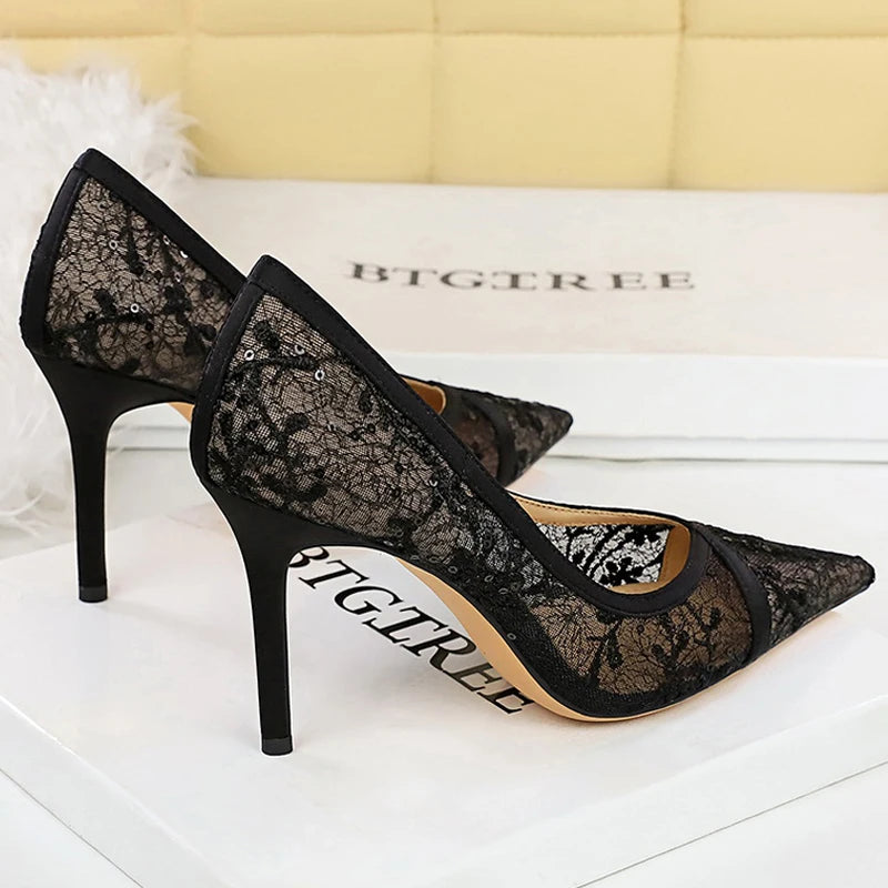BIGTREE Shoes Mesh Hollow Lace Women Pumps Sexy High Heels Party Shoes Stiletto Heels 9.5 cm Luxury Banquet Shoes Ladies Pumps