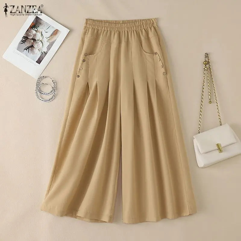 Women Casual Elastic Waist Pleated Trousers ZANZEA Solid Color Loose Wide Leg Pants Summer Capris Female Long Pant Oversize 2026