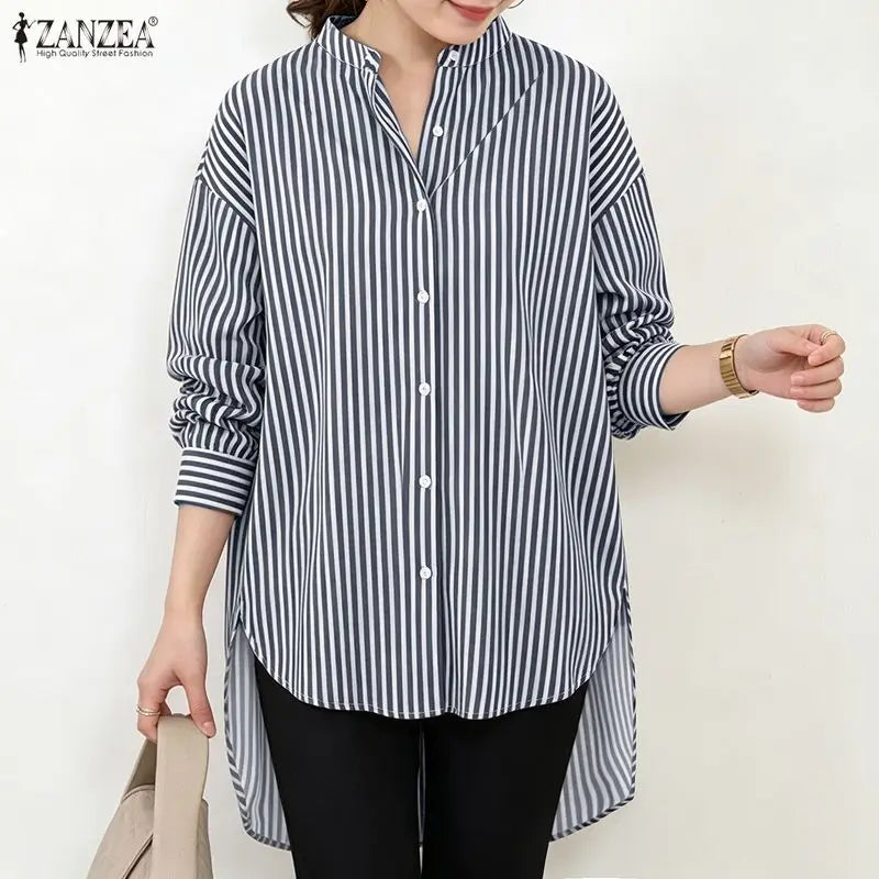 ZANZEA Oversized High-Low Shirts Woman Mandarin Collar Drop-Shoulder Long Sleeve Button Up Blouse Loose Camisas Streetwear 3XL