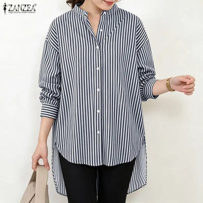 ZANZEA Oversized High-Low Shirts Woman Mandarin Collar Drop-Shoulder Long Sleeve Button Up Blouse Loose Camisas Streetwear 3XL