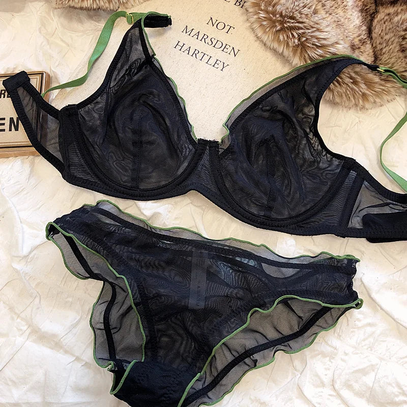 Minimizer Bra Plus Size Underwire French Style Triangle Cup Push Up Sexy Mesh Lingerie Set Support 32-40 MOYISU Sexy Bra Set BC