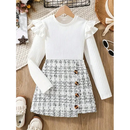 Two piece set: Unique ruffle edge length sleeve top+twill knit skirt, popular style, suitable for daily travel