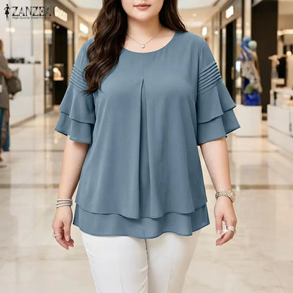 ZANZEA Women Blouse Elegant Ruffle Half Sleeve Casual Pleated O Neck Solid Loose OL Work Tunic Tops Blusas Streetwear Oversize