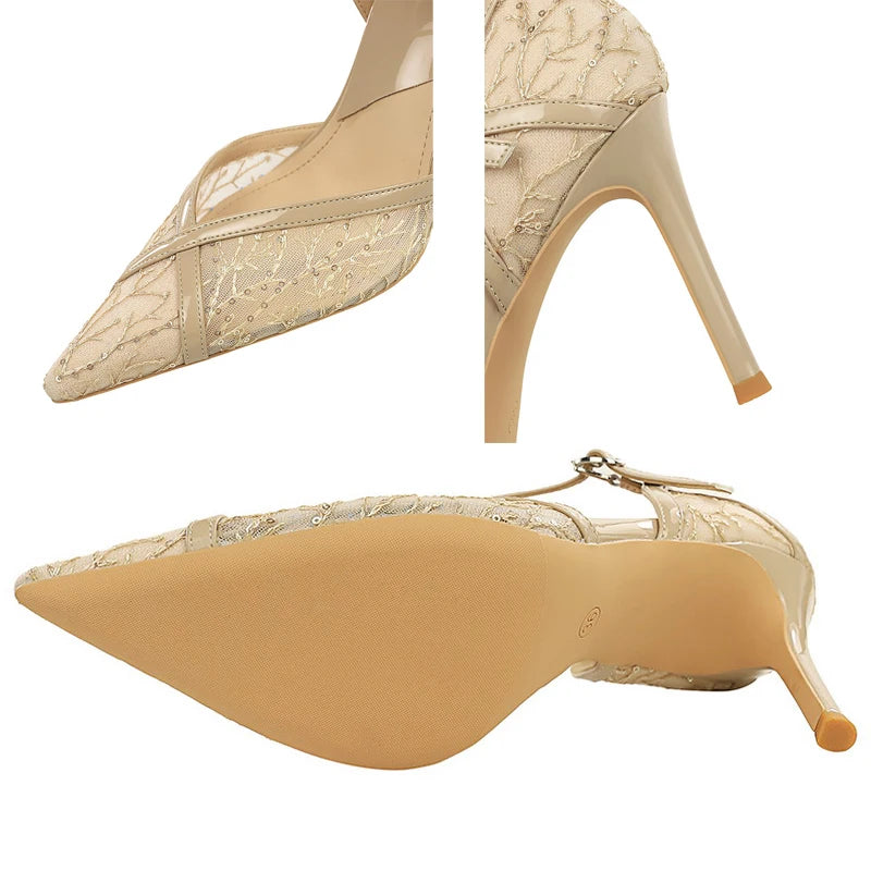 Summer Shoes Women's High Heels Lace Mesh Women Pumps Stiletto 9 Cm Heels Sexy Party Shoes Buckle High-Heeled Sandals Ladies