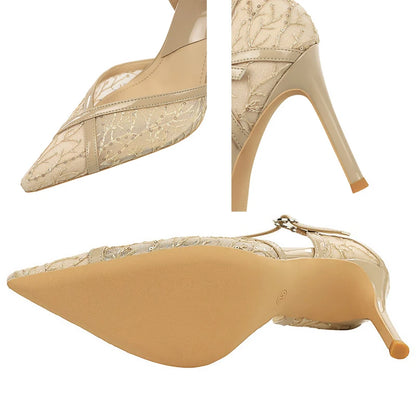 Summer Shoes Women's High Heels Lace Mesh Women Pumps Stiletto 9 Cm Heels Sexy Party Shoes Buckle High-Heeled Sandals Ladies