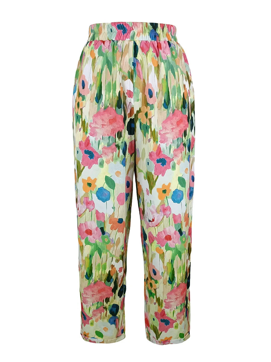 Latest Chic Women's Casual Floral Print Loose Wide Leg Pants Elastic Waist Straight Trousers For Daily Wear Boho Style Outfits