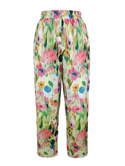 Latest Chic Women's Casual Floral Print Loose Wide Leg Pants Elastic Waist Straight Trousers For Daily Wear Boho Style Outfits