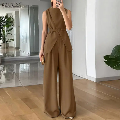 2026 ZANZEA Fashion Summer Pant Sets Sleeveless Tank Tops Trousers Women 2 Piece Sets Elegant Solid OL Work Outfit Without Belt