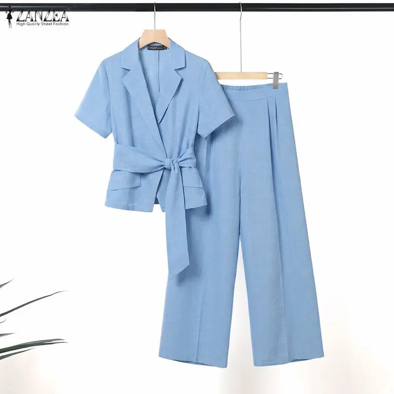 ZANZEA Women Summer Pant Sets 2PCS Solid Color Short Sleeve Tops Long Pants Matching Sets Streetwear Two-piece Outfits Female