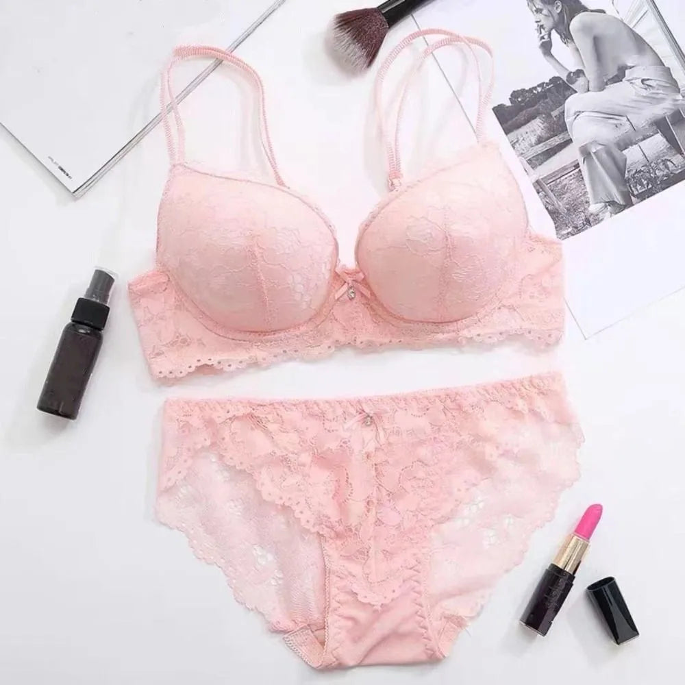 Sweet Mesh Lace Flower Bra Low Waist Bowknot Push Up Bra Women Intimates Non Slip Bra Panties Set Beach