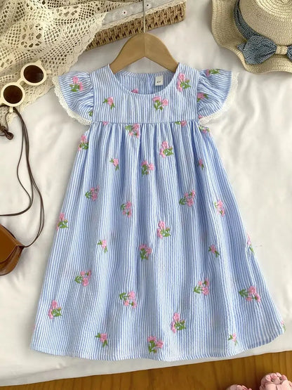 Girl Casual Dress New Fashion Flower Embroidered Striped Flying Sleeve Dress Girls Sweete Vestidos Kids Clothes