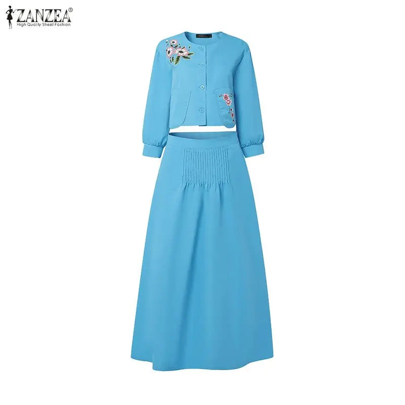 ZANZEA Women's Elegant Skirt Suits Floral Print 3/4 Sleeve Cropped Shirts & Pintuck Maxi Skirts 2 Piece Sets Outfits Woman Sets