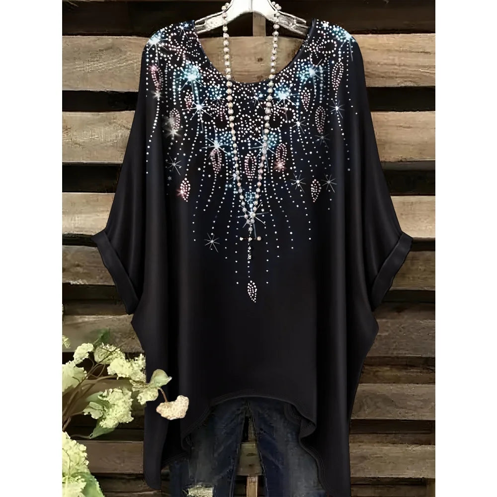Bohemian Floral Tunic Plus Size Women's Bohemian Floral Print Tunic T-Shirt Short Sleeve Round Neck Casual Top Vibrant 2025