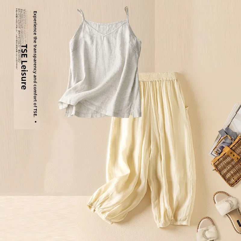 Summer Casual Cotton Linen Double Layer Lantern Pants Loose Elastic Waist Pure Color Wide Leg Harem Trousers for plus Size Women
