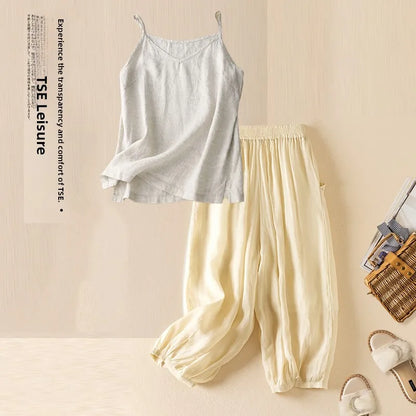 Summer Casual Cotton Linen Double Layer Lantern Pants Loose Elastic Waist Pure Color Wide Leg Harem Trousers for plus Size Women