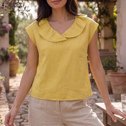 Summer ZANZEA Women Blouse Ruffle V Neck Short Sleeve Cotton Tops Casual Solid Color Blusas OL Work Party Tunic Tee Streetwear