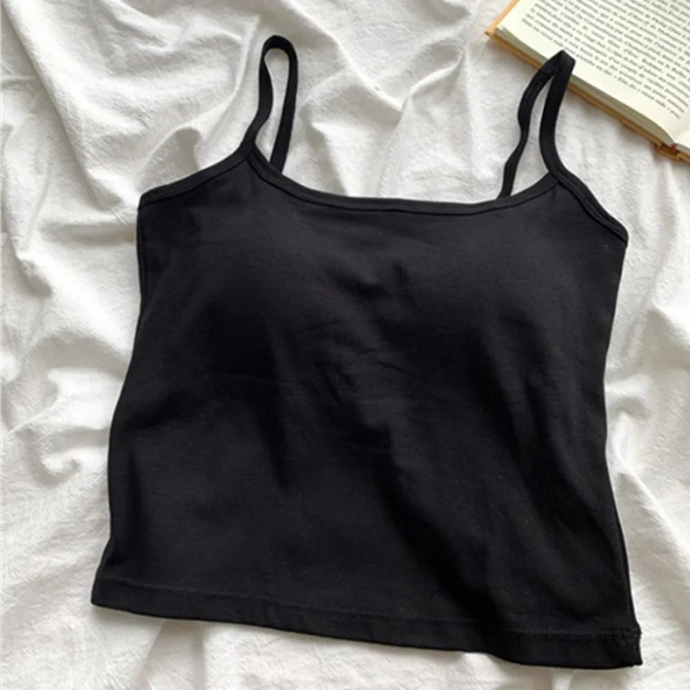 1PC Korean Women's Solid Color Spaghetti Straps Sleeveless Slim Camisole With Chest Pad