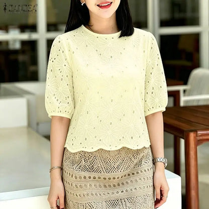 ZANZEA Woman Openwork Embrodiered Blouses Casual O-Neck Short Puff Sleeve Solid Color Tops 2026 Summer Patchwork Blusas de Mujer