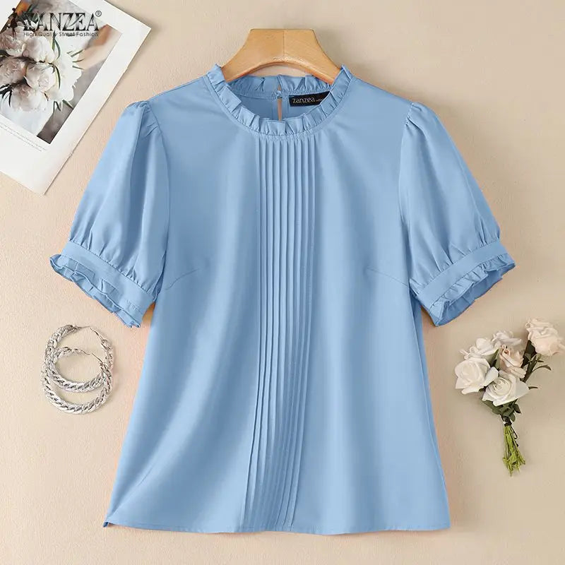 ZANZEA 2026 Woman Elegant Pintuck Blouses Ruffled Trim O-Neck Half Puff Sleeves Solid Tops Summer Daily Casual Work Blusas Mujer