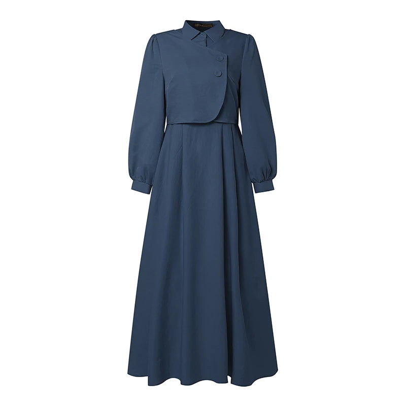 ZANZEA Fashion Muslim Abaya Dresses Ramadan Robe Women Elegant Long Sleeve Pleated Sundress Dubai Casual Kaftan Fake 2 Pieces