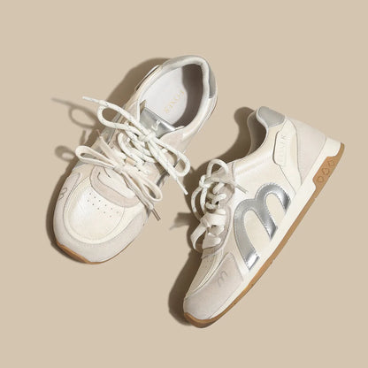 FOXER Retro Mesh Sneakers for Women Pig Split Leather Fashion Ladies Casual Running Shoes Daily Non Slip Walking Footwear