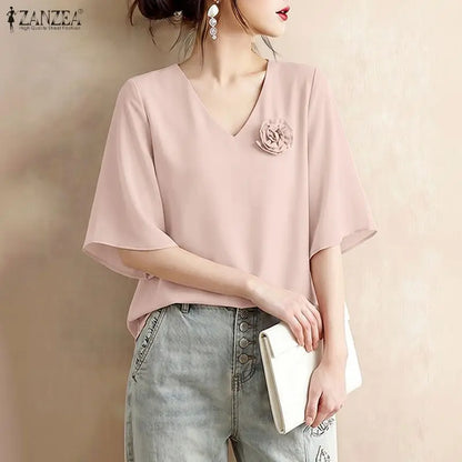 ZANZEA Elegant Fabric Flower Blouses Women V-Neck Half Bell Sleeves Solid Color Loose Tops Summer Daily Casual Blusas de Mujer