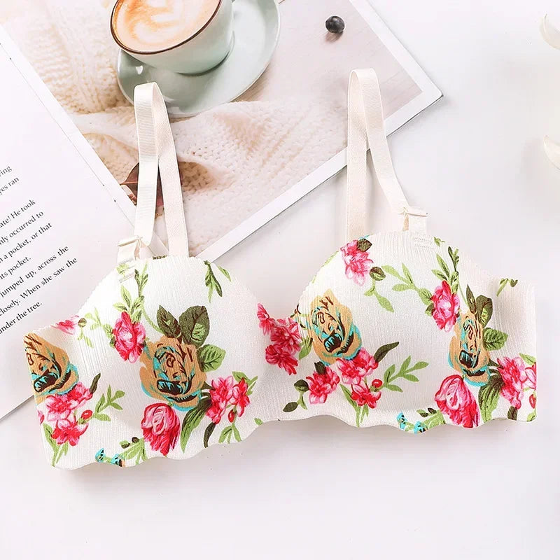 French Simple British Ice Silk Bra One Piece Thick Cup Girls Gathering No Steel Rings Women's Underwear Ropa Interior Femenina