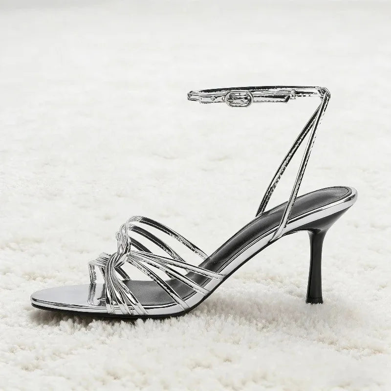 Silver Ankle Strap High Heel Sandals Women Sexy Open Toe Stiletto High Heels for Ladies Summer Elegant Party Dress Designer Shoe