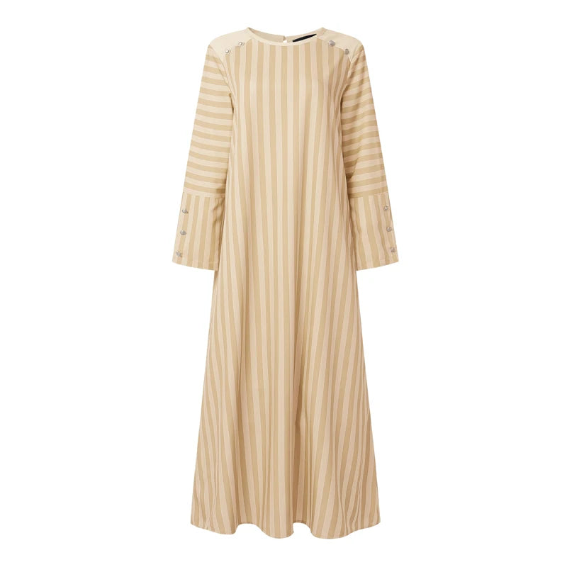 Ramadan Abaya Muslim Dress ZANZEA Women Striped Maxi Dresses Elegant O Neck Long Sleeve Pleated Sundress Robe Casual Kaftan