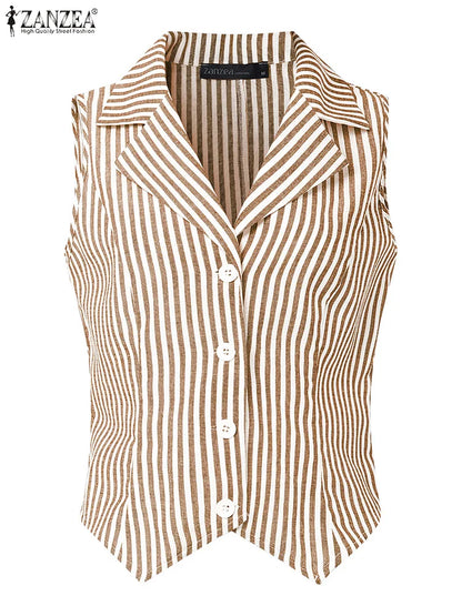 ZANZEA Womens Fashion Striped Waistcoat 2025 Summer Elegant Lapel Sleeveless Vests Tops Commute Office Lightweight Tank Tops