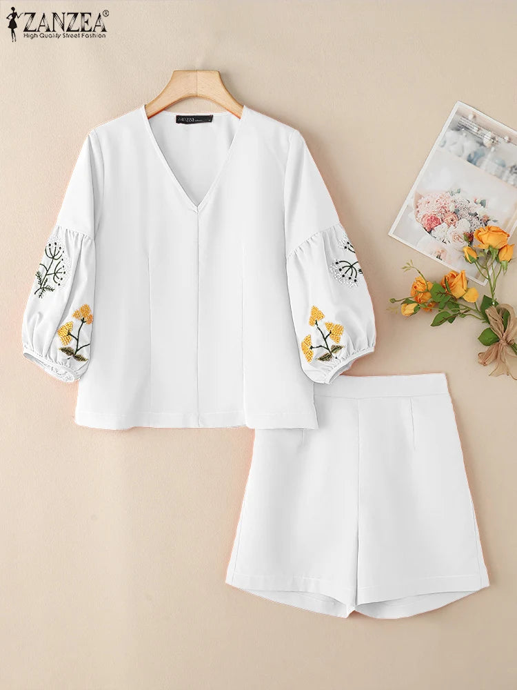 ZANZEA Summer Elegant V Neck 3/4 Sleeve Blouse Short Sets 2PCS Women Outfits Casual Holiday Matching Sets Fashion Work Tracksuit