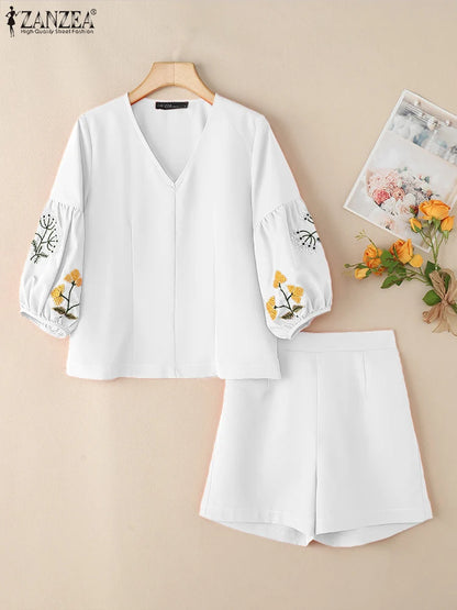 ZANZEA Summer Elegant V Neck 3/4 Sleeve Blouse Short Sets 2PCS Women Outfits Casual Holiday Matching Sets Fashion Work Tracksuit