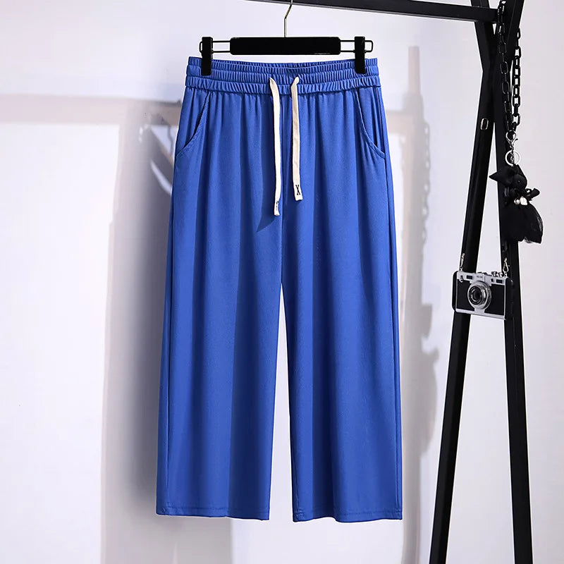 155Kg Plus Size Women's Summer Loose Straight High-Waisted Ice Silk Cropped Pants Hip 150 5XL 6XL 7XL 8XL 9XL 4Colors