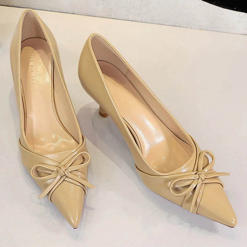 BIGTREE Shoes Retro Women Pumps Bowknot Decoration High Heels Sharp Pointed Women's Heels Stiletto Sexy Party Shoes Office Shoes